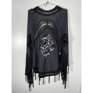 Black Solid Cotton Crochet Lace Fringe Kimono Cardigan Boho Festival Cover UpM/L